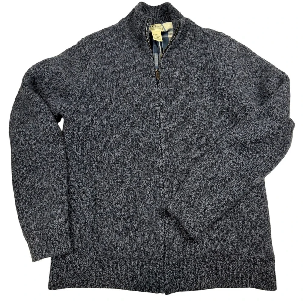 LL Bean Mens Lambswool Full Zip Cardigan Sweater Blue Plaid Lined M Tall 298313